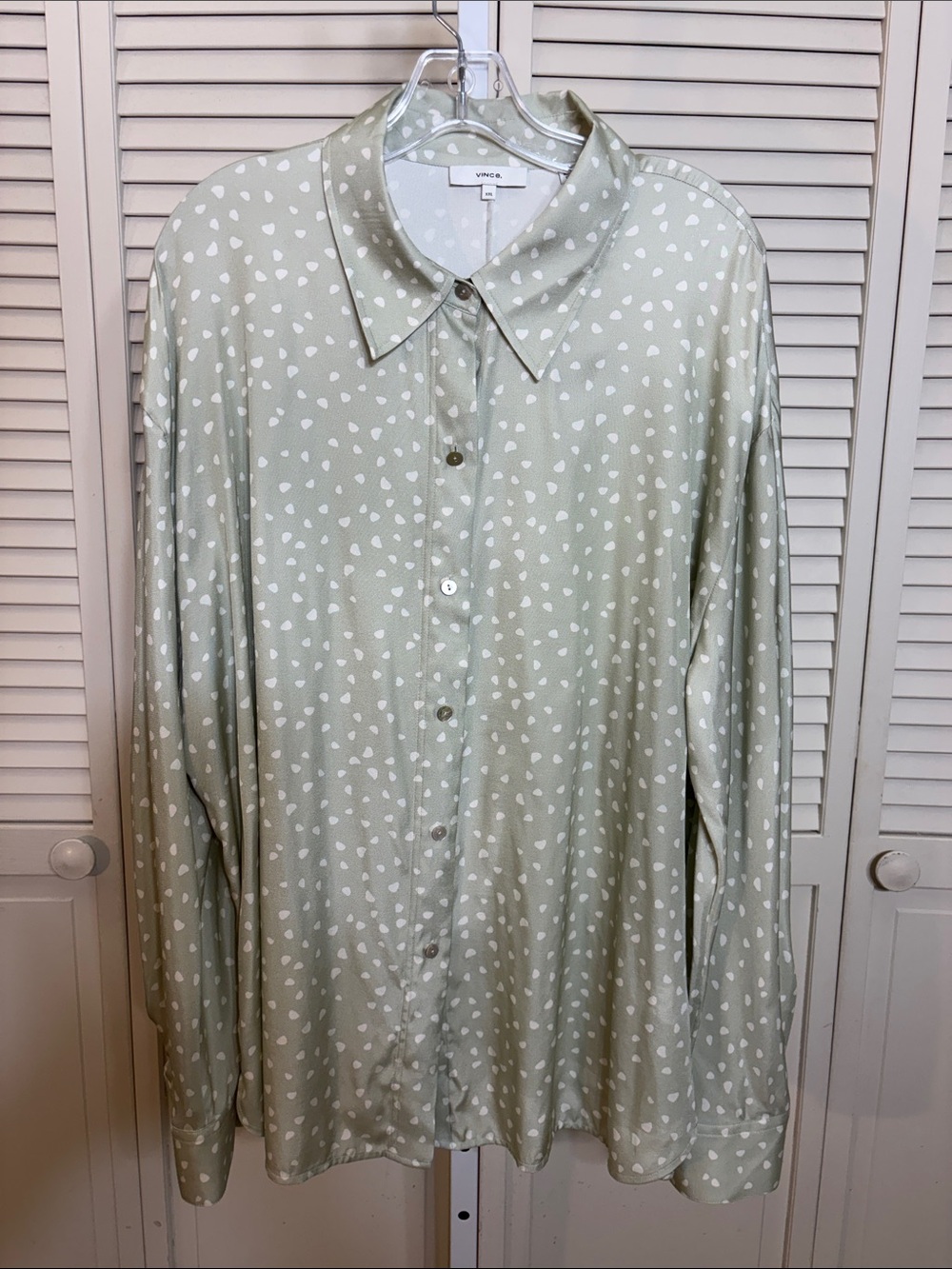 Vince $365 Plus Size Women's Blouse Celery Stone Dot Silk Blend Long Sleeve XXL